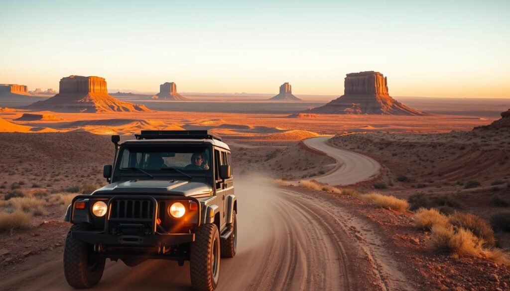 A rugged four-wheel-drive vehicle navigating a winding, dusty road through a vast, arid landscape. In the foreground, the car's headlights pierce the golden hour glow, casting long shadows across the rugged terrain. In the middle ground, rolling hills and towering mesas stretch out to the horizon, their weathered surfaces bathed in warm, directional sunlight. The background is filled with a boundless, open sky, tinged with hues of orange and pink as the sun begins to set. The overall mood is one of adventure, exploration, and the sense of vast, untamed wilderness. A rugged four-wheel-drive vehicle navigating a winding, dusty road through a vast, arid landscape. In the foreground, the car's headlights pierce the golden hour glow, casting long shadows across the rugged terrain. In the middle ground, rolling hills and towering mesas stretch out to the horizon, their weathered surfaces bathed in warm, directional sunlight. The background is filled with a boundless, open sky, tinged with hues of orange and pink as the sun begins to set. The overall mood is one of adventure, exploration, and the sense of vast, untamed wilderness.