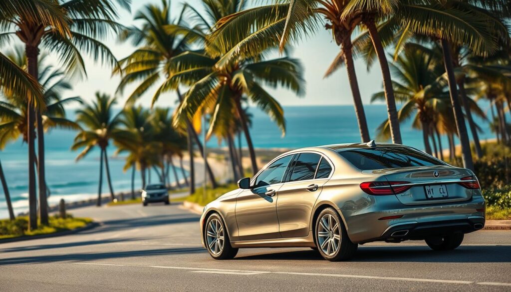 A scenic coastal road winds through lush palm trees, their fronds swaying gently in the warm breeze. In the foreground, a sleek, well-maintained luxury sedan sits proudly, its gleaming metallic finish reflecting the sunlight. The car is positioned at a slight angle, capturing the essence of Palm Coast's sophisticated automotive culture. In the middle ground, a bustling street scene unfolds, with other vehicles navigating the smooth asphalt. The background features a panoramic view of the Atlantic Ocean, its azure waters and distant horizon creating a serene and tranquil atmosphere. The overall scene is illuminated by a soft, golden light, evoking a sense of coastal tranquility and the professional services offered for auto transport and car shipping in Palm Coast. A scenic coastal road winds through lush palm trees, their fronds swaying gently in the warm breeze. In the foreground, a sleek, well-maintained luxury sedan sits proudly, its gleaming metallic finish reflecting the sunlight. The car is positioned at a slight angle, capturing the essence of Palm Coast's sophisticated automotive culture. In the middle ground, a bustling street scene unfolds, with other vehicles navigating the smooth asphalt. The background features a panoramic view of the Atlantic Ocean, its azure waters and distant horizon creating a serene and tranquil atmosphere. The overall scene is illuminated by a soft, golden light, evoking a sense of coastal tranquility and the professional services offered for auto transport and car shipping in Palm Coast.