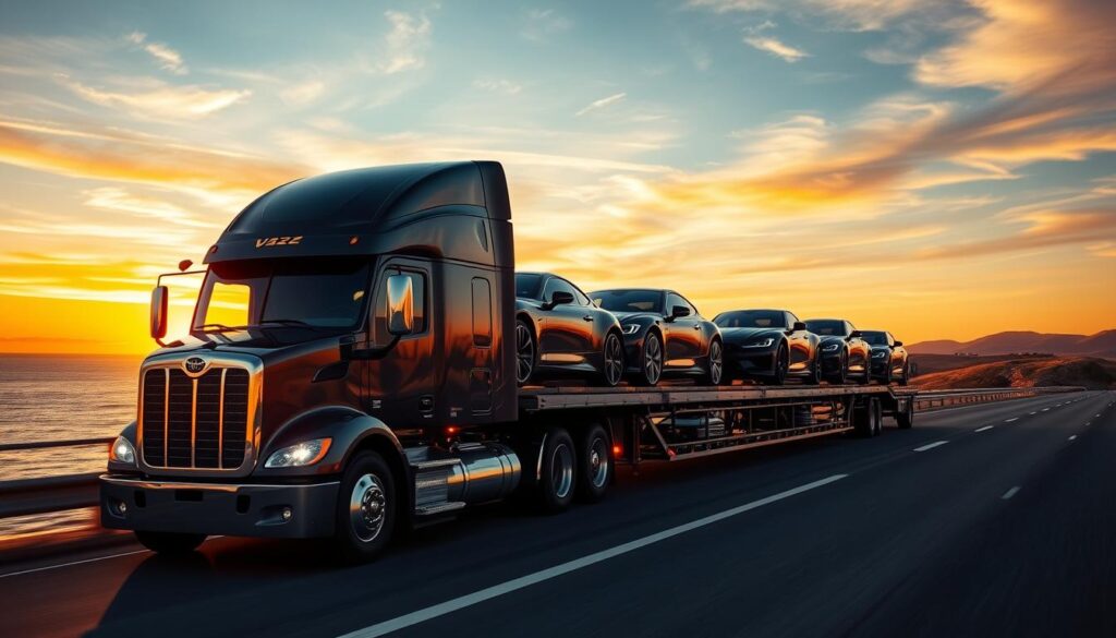 A semi-truck hauling a trailer loaded with several luxury vehicles navigates a winding coastal highway under a vibrant sunset sky. The trailer is meticulously secured, with each car expertly strapped down and protected. In the foreground, the truck's chrome grille and headlights gleam, reflecting the warm, golden hues of the fading daylight. The middle ground captures the trailer's sleek, aerodynamic design, while the background features rolling hills and a distant horizon, suggesting a peaceful, scenic journey. The scene conveys a sense of professionalism, care, and attention to detail in the auto transport process. A semi-truck hauling a trailer loaded with several luxury vehicles navigates a winding coastal highway under a vibrant sunset sky. The trailer is meticulously secured, with each car expertly strapped down and protected. In the foreground, the truck's chrome grille and headlights gleam, reflecting the warm, golden hues of the fading daylight. The middle ground captures the trailer's sleek, aerodynamic design, while the background features rolling hills and a distant horizon, suggesting a peaceful, scenic journey. The scene conveys a sense of professionalism, care, and attention to detail in the auto transport process.