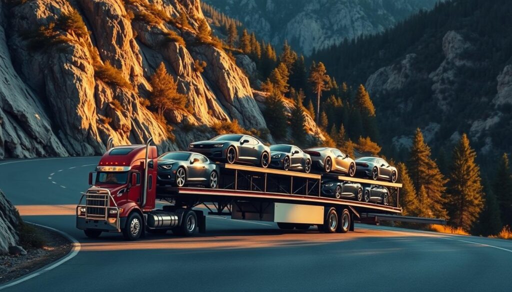 A semi-truck with a car carrier trailer navigates a winding mountain road, with rugged cliffs and lush pine forests in the background. The trailer is loaded with a diverse array of vehicles, from sleek sports cars to practical sedans, reflecting the wide range of transport options. The scene is illuminated by warm, golden sunlight, casting dramatic shadows and highlights on the vehicles and the surrounding landscape. The camera angle captures the scale and complexity of the car shipping operation, conveying a sense of efficiency and professionalism in the transport industry. A semi-truck with a car carrier trailer navigates a winding mountain road, with rugged cliffs and lush pine forests in the background. The trailer is loaded with a diverse array of vehicles, from sleek sports cars to practical sedans, reflecting the wide range of transport options. The scene is illuminated by warm, golden sunlight, casting dramatic shadows and highlights on the vehicles and the surrounding landscape. The camera angle captures the scale and complexity of the car shipping operation, conveying a sense of efficiency and professionalism in the transport industry.