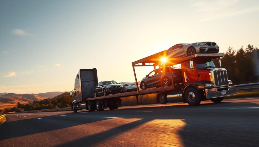 A serene highway landscape with a prominent car carrier truck transporting multiple vehicles. The truck's chrome exterior gleams under the warm, golden lighting of a setting sun, casting long shadows across the smooth asphalt. In the middle ground, a fleet of diverse passenger cars are neatly arranged on the carrier's open deck, reflecting the variety of affordable transport options. The background features rolling hills, lush trees, and a cloudless sky, creating a sense of tranquility and reliability. The composition is captured from a low angle, emphasizing the powerful presence of the transport vehicle and the care taken in delivering vehicles safely across the United States. A serene highway landscape with a prominent car carrier truck transporting multiple vehicles. The truck's chrome exterior gleams under the warm, golden lighting of a setting sun, casting long shadows across the smooth asphalt. In the middle ground, a fleet of diverse passenger cars are neatly arranged on the carrier's open deck, reflecting the variety of affordable transport options. The background features rolling hills, lush trees, and a cloudless sky, creating a sense of tranquility and reliability. The composition is captured from a low angle, emphasizing the powerful presence of the transport vehicle and the care taken in delivering vehicles safely across the United States.