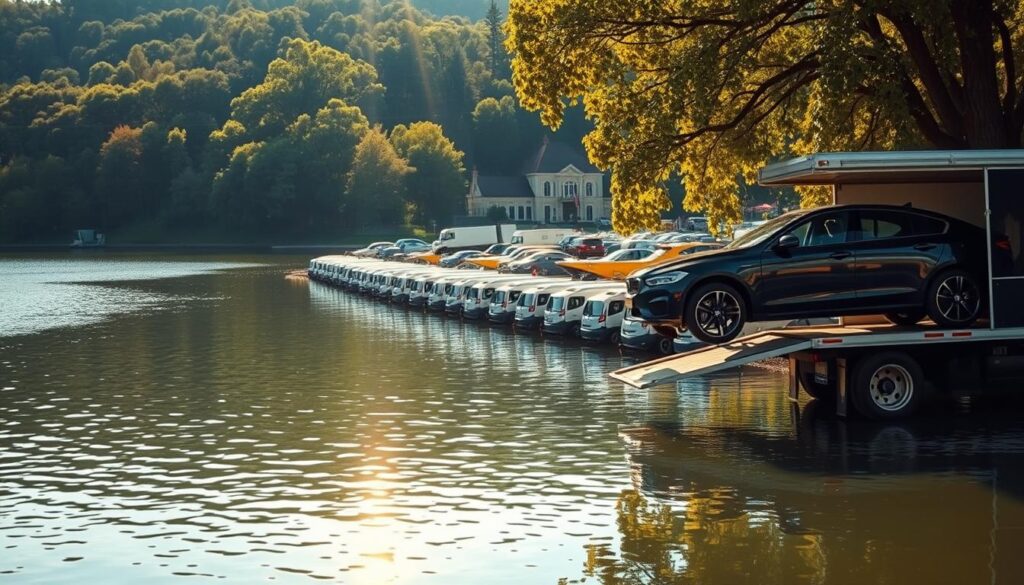 A serene lake surrounded by lush greenery, with a fleet of car transport trucks meticulously arranged along the shore. Sunlight filters through the trees, casting a warm glow over the scene. In the foreground, a car being carefully loaded onto one of the specialized transport vehicles, its gleaming surface reflecting the tranquil waters. The background features the bustling lakeside town of Lake Jackson, with its distinctive architecture and bustling activity. The image conveys a sense of efficiency, professionalism, and attention to detail in the car shipping process, perfectly capturing the reliable services offered in this coastal community. A serene lake surrounded by lush greenery, with a fleet of car transport trucks meticulously arranged along the shore. Sunlight filters through the trees, casting a warm glow over the scene. In the foreground, a car being carefully loaded onto one of the specialized transport vehicles, its gleaming surface reflecting the tranquil waters. The background features the bustling lakeside town of Lake Jackson, with its distinctive architecture and bustling activity. The image conveys a sense of efficiency, professionalism, and attention to detail in the car shipping process, perfectly capturing the reliable services offered in this coastal community.