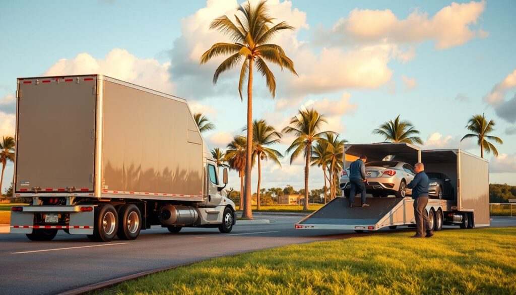 A serene landscape in Bradenton, FL showcases a fleet of well-maintained, modern auto transport trucks and trailers. In the foreground, a large semi-truck with a closed carrier gently moves down a winding road, its gleaming chrome and polished paint reflecting the warm afternoon sunlight. In the middle ground, a team of professional drivers carefully load and secure a luxury sedan onto an open-air transport trailer, ensuring the utmost care and safety. The background features a picturesque view of palm trees swaying in the breeze, complemented by a clear blue sky with fluffy white clouds. The overall atmosphere conveys a sense of reliability, expertise, and attention to detail, embodying the trusted auto transport services available in the Bradenton area.