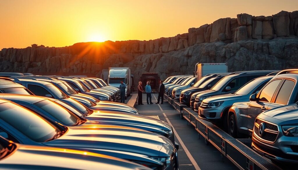 A serene rockwall auto transport depot nestled in the heart of Rockwall, TX. The foreground features a fleet of gleaming car carriers, their chrome-plated exteriors reflecting the warm, golden light of the setting sun. In the middle ground, a team of experienced drivers meticulously inspects the vehicles, ensuring safe and timely delivery. The background showcases the iconic rockwall formation, its rugged, weathered surface contrasting with the modern, efficient transport operations. The scene radiates a sense of reliability and professionalism, capturing the essence of Rockwall's trusted auto transport services. A serene rockwall auto transport depot nestled in the heart of Rockwall, TX. The foreground features a fleet of gleaming car carriers, their chrome-plated exteriors reflecting the warm, golden light of the setting sun. In the middle ground, a team of experienced drivers meticulously inspects the vehicles, ensuring safe and timely delivery. The background showcases the iconic rockwall formation, its rugged, weathered surface contrasting with the modern, efficient transport operations. The scene radiates a sense of reliability and professionalism, capturing the essence of Rockwall's trusted auto transport services.