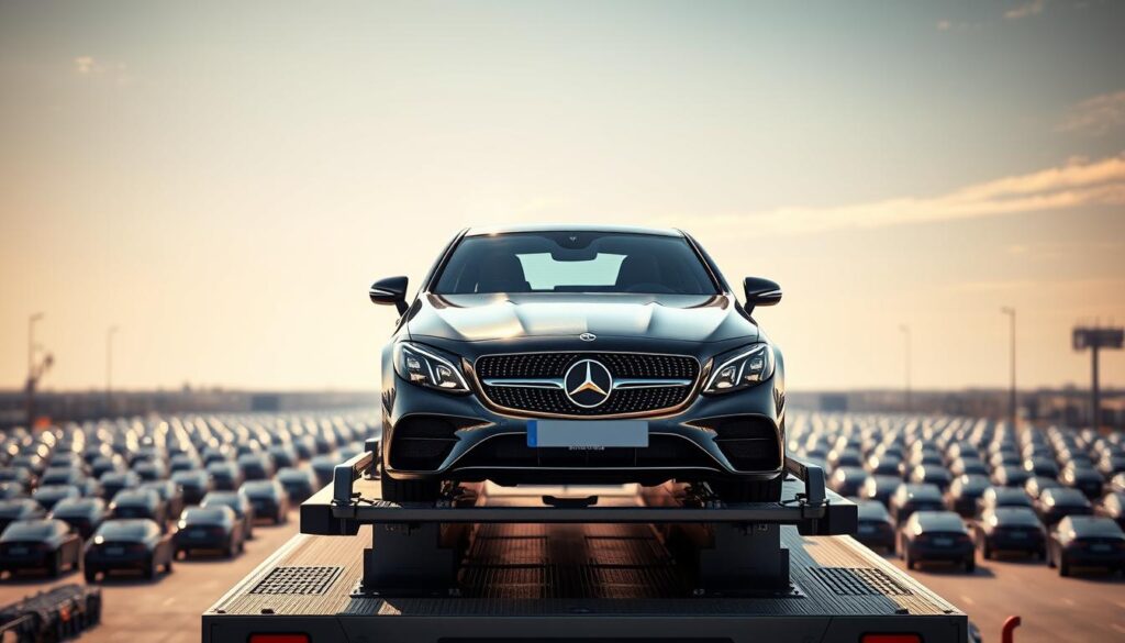 A shiny Mercedes-Benz car sits atop a state-of-the-art car carrier, gleaming in the warm afternoon sunlight. The vehicle is positioned prominently in the center, surrounded by a sleek, aerodynamic frame that gently cradles it. In the background, a sprawling logistics depot unfolds, with rows of identical carriers waiting to transport more luxury automobiles. The scene conveys a sense of efficiency, precision, and the unwavering commitment to delivering Mercedes-Benz vehicles with the utmost care and attention to detail. A shiny Mercedes-Benz car sits atop a state-of-the-art car carrier, gleaming in the warm afternoon sunlight. The vehicle is positioned prominently in the center, surrounded by a sleek, aerodynamic frame that gently cradles it. In the background, a sprawling logistics depot unfolds, with rows of identical carriers waiting to transport more luxury automobiles. The scene conveys a sense of efficiency, precision, and the unwavering commitment to delivering Mercedes-Benz vehicles with the utmost care and attention to detail.