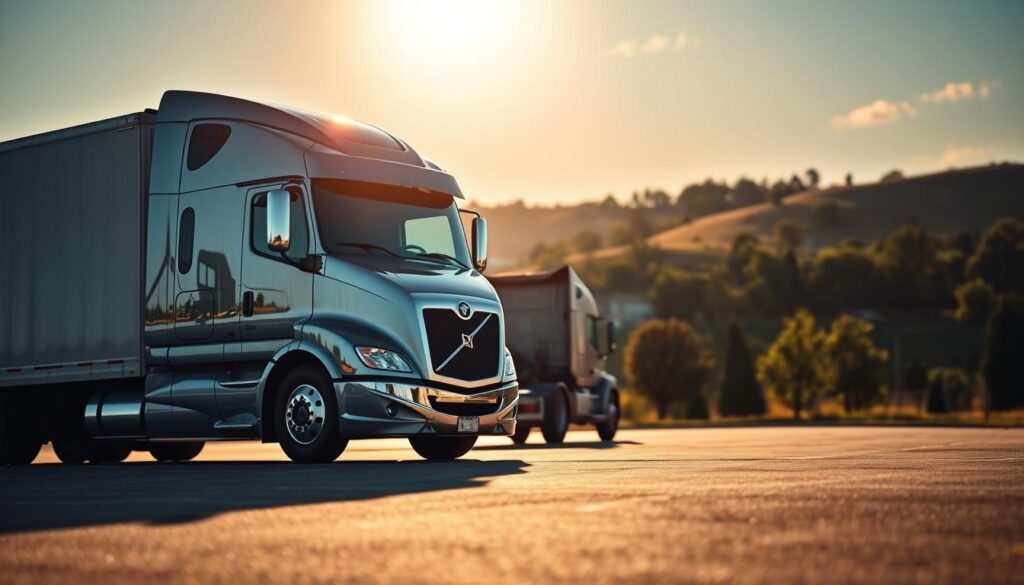 A sleek and modern auto transport truck, its chrome exterior gleaming in the warm, golden afternoon sunlight. The vehicle's cab is parked in the foreground, its bold, angular design complemented by the smooth curves of the trailer behind it. In the middle ground, the rolling hills of Sanford's countryside provide a picturesque backdrop, dotted with lush green trees and a clear blue sky above. The atmosphere is one of efficiency and professionalism, conveying the reliable and trustworthy nature of the auto transport service. The scene is captured with a wide-angle lens, emphasizing the scale and size of the truck, while a shallow depth of field keeps the focus on the vehicle itself. A sleek and modern auto transport truck, its chrome exterior gleaming in the warm, golden afternoon sunlight. The vehicle's cab is parked in the foreground, its bold, angular design complemented by the smooth curves of the trailer behind it. In the middle ground, the rolling hills of Sanford's countryside provide a picturesque backdrop, dotted with lush green trees and a clear blue sky above. The atmosphere is one of efficiency and professionalism, conveying the reliable and trustworthy nature of the auto transport service. The scene is captured with a wide-angle lens, emphasizing the scale and size of the truck, while a shallow depth of field keeps the focus on the vehicle itself.