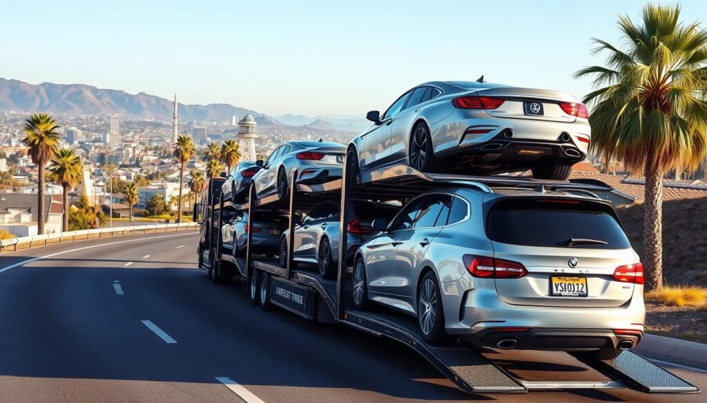 A sleek and modern car carrier transports a fleet of shiny new vehicles down a winding road in Mission, California. The carrier's hydraulic lift platform effortlessly loads and unloads the cars, ensuring safe and efficient delivery. In the background, a sun-dappled cityscape frames the scene, with palm trees swaying gently in the breeze. The overall atmosphere conveys a sense of professionalism, reliability, and attention to detail - the hallmarks of Mission's trusted car shipping service. A sleek and modern car carrier transports a fleet of shiny new vehicles down a winding road in Mission, California. The carrier's hydraulic lift platform effortlessly loads and unloads the cars, ensuring safe and efficient delivery. In the background, a sun-dappled cityscape frames the scene, with palm trees swaying gently in the breeze. The overall atmosphere conveys a sense of professionalism, reliability, and attention to detail - the hallmarks of Mission's trusted car shipping service.