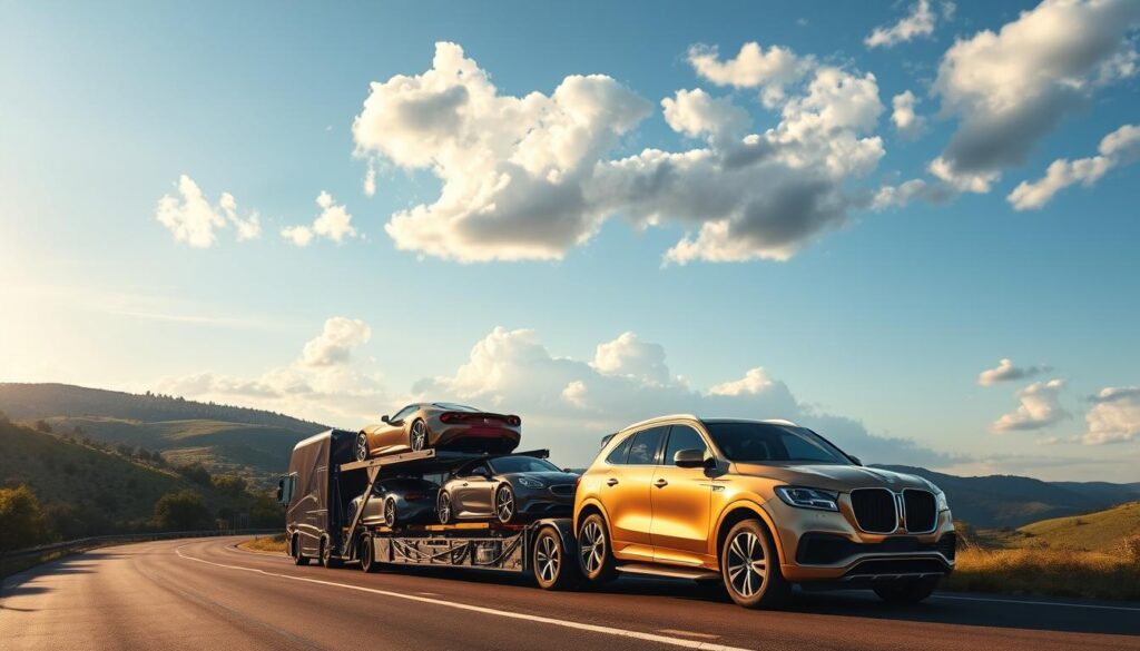 A sleek and modern car carrier transports luxury vehicles on a smooth, winding road surrounded by lush greenery and rolling hills. The carrier's gleaming chrome and vibrant paint job catch the warm glow of the sun, casting long shadows across the scene. Towering clouds dot the azure sky, creating a sense of tranquility and openness. The camera angle is slightly elevated, providing a panoramic view that showcases the efficient and professional nature of the car shipping service. The overall mood is one of reliability, attention to detail, and a commitment to ensuring the safe transport of valuable automobiles. A sleek and modern car carrier transports luxury vehicles on a smooth, winding road surrounded by lush greenery and rolling hills. The carrier's gleaming chrome and vibrant paint job catch the warm glow of the sun, casting long shadows across the scene. Towering clouds dot the azure sky, creating a sense of tranquility and openness. The camera angle is slightly elevated, providing a panoramic view that showcases the efficient and professional nature of the car shipping service. The overall mood is one of reliability, attention to detail, and a commitment to ensuring the safe transport of valuable automobiles.