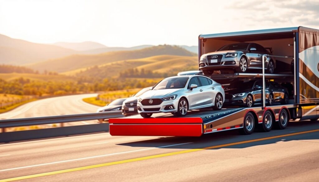 A sleek and modern car transport truck stands prominently in the foreground, its gleaming chrome and vibrant paint reflecting the warm sunlight. In the middle ground, a row of diverse vehicles, from sedans to SUVs, are carefully loaded onto the transport's open deck, showcasing the efficient and secure nature of car transport. The background features a serene, sun-dappled highway, with rolling hills and lush greenery stretching out in the distance, conveying a sense of calm and reliability. The overall scene exudes a sense of professionalism, convenience, and the many benefits of car transport services. A sleek and modern car transport truck stands prominently in the foreground, its gleaming chrome and vibrant paint reflecting the warm sunlight. In the middle ground, a row of diverse vehicles, from sedans to SUVs, are carefully loaded onto the transport's open deck, showcasing the efficient and secure nature of car transport. The background features a serene, sun-dappled highway, with rolling hills and lush greenery stretching out in the distance, conveying a sense of calm and reliability. The overall scene exudes a sense of professionalism, convenience, and the many benefits of car transport services.