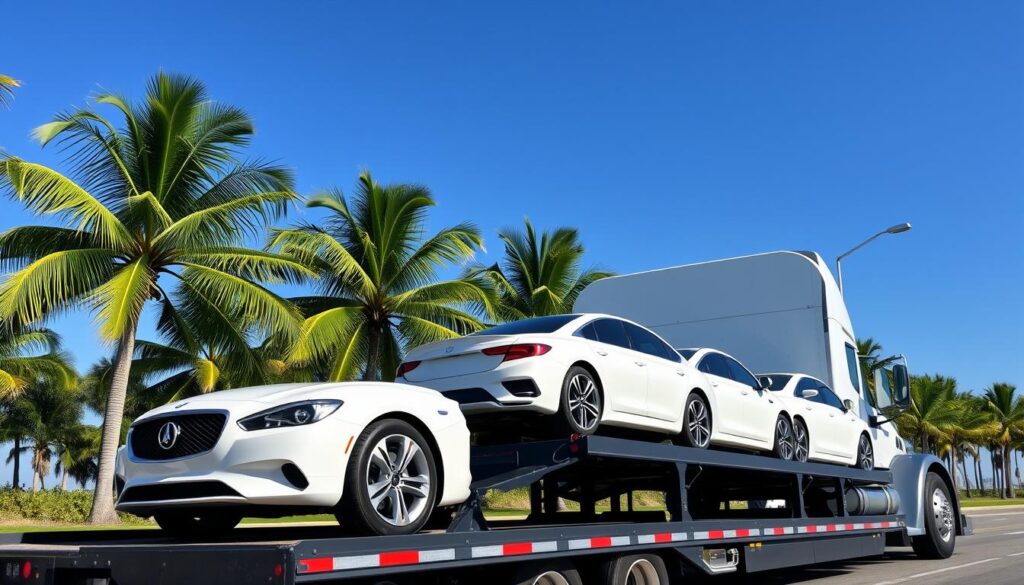 A sleek car carrier transporting a line of pristine, gleaming cars against a backdrop of a clear blue sky and lush, verdant palm trees. The car carrier's cab is a pristine white, its chrome fittings catching the sunlight, conveying a sense of efficiency and modernity. The cars on the carrier are a mix of luxury and standard models, representing the diverse needs of snowbirds. The scene exudes a sense of ease and convenience, hinting at the effortless way snowbirds can transport their vehicles to their winter destinations.