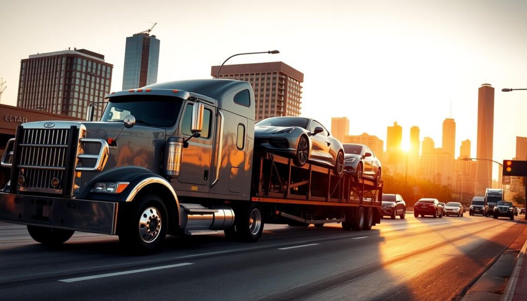 A sleek car carrier truck navigates the bustling streets of Texarkana, its sturdy frame supporting a cargo of well-protected vehicles. The scene is bathed in warm, golden afternoon light, casting long shadows and highlighting the smooth, reflective surfaces of the automobiles. In the background, the city's skyline rises, a mix of modern skyscrapers and historic buildings, creating a vibrant, urban backdrop. The truck's driver, a seasoned professional, guides the vehicle with precision, ensuring the safe and timely delivery of the precious cargo. The overall mood conveys a sense of reliability, efficiency, and trust - the hallmarks of Texarkana's premier car shipping company. A sleek car carrier truck navigates the bustling streets of Texarkana, its sturdy frame supporting a cargo of well-protected vehicles. The scene is bathed in warm, golden afternoon light, casting long shadows and highlighting the smooth, reflective surfaces of the automobiles. In the background, the city's skyline rises, a mix of modern skyscrapers and historic buildings, creating a vibrant, urban backdrop. The truck's driver, a seasoned professional, guides the vehicle with precision, ensuring the safe and timely delivery of the precious cargo. The overall mood conveys a sense of reliability, efficiency, and trust - the hallmarks of Texarkana's premier car shipping company.