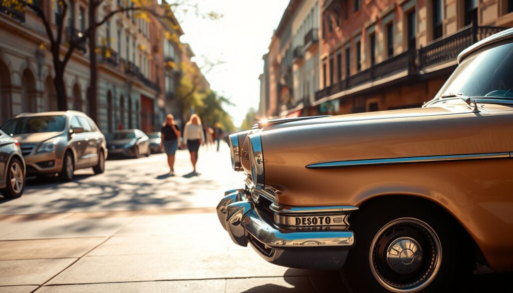 A sleek, chrome-accented DeSoto automobile rests against a backdrop of a sun-dappled urban street. The classic car's gently curving fenders and distinctive grille gleam in the warm afternoon light, evoking the timeless elegance of American automotive design. In the middle ground, pedestrians stroll along the sidewalk, their casual movements contrasting with the DeSoto's stately presence. In the distance, a row of stately buildings lines the street, their architectural details hinting at the history and character of the DeSoto neighborhood. The scene exudes a sense of nostalgic charm and community, inviting the viewer to imagine the DeSoto's role in the everyday life of this vibrant urban setting. A sleek, chrome-accented DeSoto automobile rests against a backdrop of a sun-dappled urban street. The classic car's gently curving fenders and distinctive grille gleam in the warm afternoon light, evoking the timeless elegance of American automotive design. In the middle ground, pedestrians stroll along the sidewalk, their casual movements contrasting with the DeSoto's stately presence. In the distance, a row of stately buildings lines the street, their architectural details hinting at the history and character of the DeSoto neighborhood. The scene exudes a sense of nostalgic charm and community, inviting the viewer to imagine the DeSoto's role in the everyday life of this vibrant urban setting.