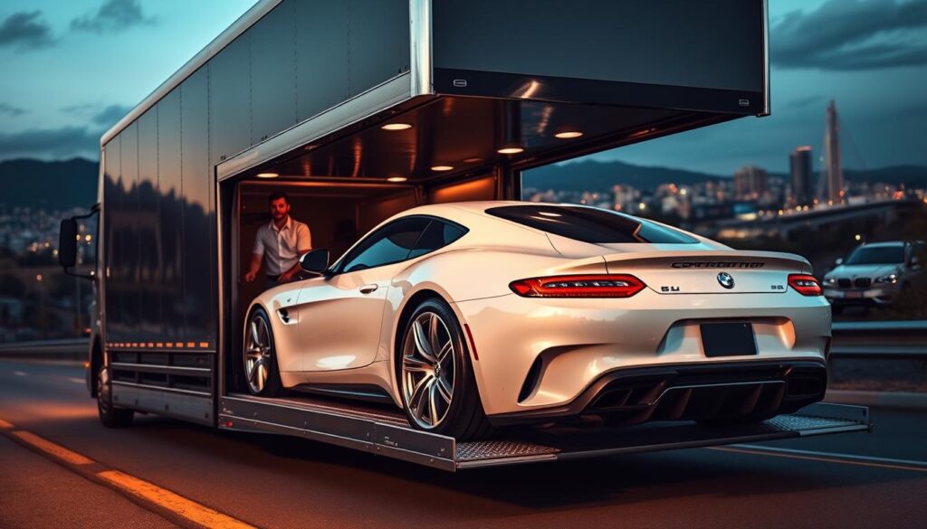 A sleek, chrome-accented auto transport truck navigates the winding roads of Groves, its hydraulic lift lowering to gently load a gleaming sports car. Soft, directional lighting illuminates the scene, casting dramatic shadows that highlight the vehicle's sculpted curves. In the background, the cityscape of Groves rises, a testament to the community's prosperity. The truck's driver, clad in a crisp uniform, oversees the delicate operation with a practiced eye, ensuring the safe transport of this prized possession. The atmosphere conveys a sense of professionalism, efficiency, and unwavering care - the hallmarks of Groves' trusted auto transport services. A sleek, chrome-accented auto transport truck navigates the winding roads of Groves, its hydraulic lift lowering to gently load a gleaming sports car. Soft, directional lighting illuminates the scene, casting dramatic shadows that highlight the vehicle's sculpted curves. In the background, the cityscape of Groves rises, a testament to the community's prosperity. The truck's driver, clad in a crisp uniform, oversees the delicate operation with a practiced eye, ensuring the safe transport of this prized possession. The atmosphere conveys a sense of professionalism, efficiency, and unwavering care - the hallmarks of Groves' trusted auto transport services.