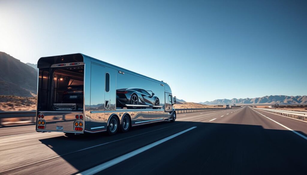 A sleek, chrome-plated exotic car transport truck glides effortlessly across a sun-drenched highway, casting long shadows on the pristine asphalt. In the foreground, the vehicle's distinctive design features a low-profile cab and a spacious, temperature-controlled rear compartment, ready to securely transport the most valuable and sought-after supercars. The mid-ground showcases the intricate mechanics and engineering that make this transport system both rugged and meticulously crafted, with hydraulic lifts and advanced tie-down systems. The background is a picturesque landscape, with towering mountains in the distance and a clear, azure sky overhead, conveying a sense of grandeur and exclusivity befitting the precious cargo within. A sleek, chrome-plated exotic car transport truck glides effortlessly across a sun-drenched highway, casting long shadows on the pristine asphalt. In the foreground, the vehicle's distinctive design features a low-profile cab and a spacious, temperature-controlled rear compartment, ready to securely transport the most valuable and sought-after supercars. The mid-ground showcases the intricate mechanics and engineering that make this transport system both rugged and meticulously crafted, with hydraulic lifts and advanced tie-down systems. The background is a picturesque landscape, with towering mountains in the distance and a clear, azure sky overhead, conveying a sense of grandeur and exclusivity befitting the precious cargo within.