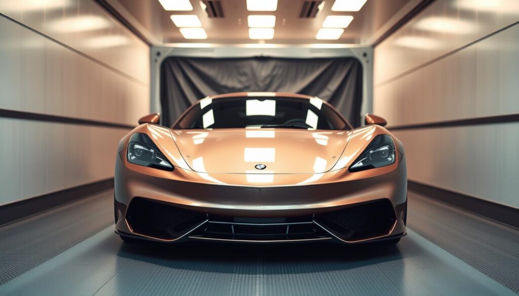 A sleek, enclosed car rests in a well-lit, professional-looking auto transport facility. The vehicle is captured from a low, front-facing angle, showcasing its aerodynamic silhouette and gleaming, metallic finish. Soft, directional lighting casts subtle shadows, accentuating the car's contours and creating a sense of depth and dimensionality. The background is minimalist, with clean lines and a neutral color palette, allowing the subject to take center stage. The overall mood is one of sophistication, efficiency, and attention to detail, conveying the high-quality service offered for vehicle shipping in Pampa. A sleek, enclosed car rests in a well-lit, professional-looking auto transport facility. The vehicle is captured from a low, front-facing angle, showcasing its aerodynamic silhouette and gleaming, metallic finish. Soft, directional lighting casts subtle shadows, accentuating the car's contours and creating a sense of depth and dimensionality. The background is minimalist, with clean lines and a neutral color palette, allowing the subject to take center stage. The overall mood is one of sophistication, efficiency, and attention to detail, conveying the high-quality service offered for vehicle shipping in Pampa.
