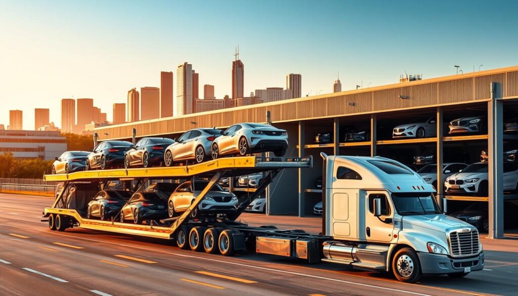A sleek, modern auto transport service in Pflugerville, with a pristine fleet of specialized car carriers. In the foreground, a large semi-truck with a multi-level trailer meticulously transporting a mix of luxury and everyday vehicles. The middle ground showcases the company's secure and climate-controlled storage facility, with well-organized rows of automobiles awaiting their journey. In the background, the Pflugerville skyline provides a vibrant, professional backdrop, bathed in warm, golden afternoon light. The overall scene conveys a sense of efficiency, reliability, and a commitment to excellence in the Pflugerville auto transport industry. A sleek, modern auto transport service in Pflugerville, with a pristine fleet of specialized car carriers. In the foreground, a large semi-truck with a multi-level trailer meticulously transporting a mix of luxury and everyday vehicles. The middle ground showcases the company's secure and climate-controlled storage facility, with well-organized rows of automobiles awaiting their journey. In the background, the Pflugerville skyline provides a vibrant, professional backdrop, bathed in warm, golden afternoon light. The overall scene conveys a sense of efficiency, reliability, and a commitment to excellence in the Pflugerville auto transport industry.