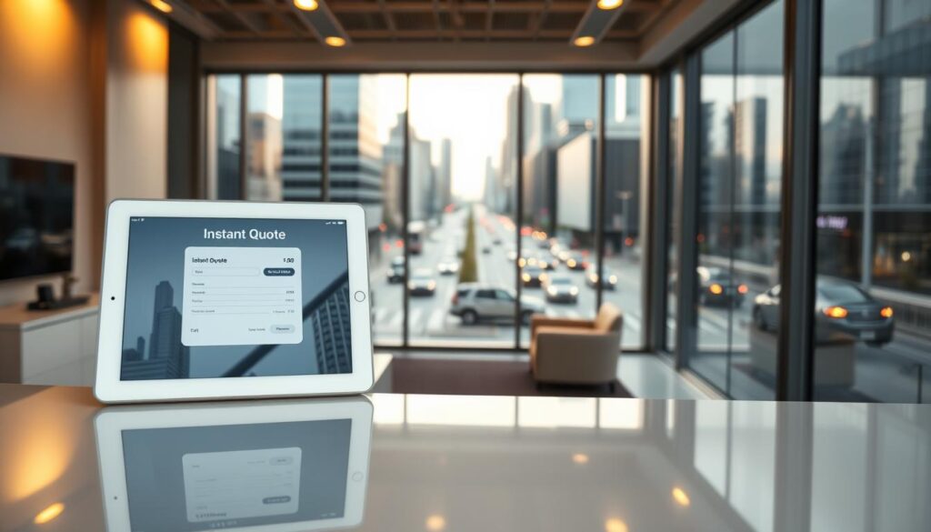 A sleek, modern auto transport service office in Houston, Texas, with large glass windows and a minimalist aesthetic. In the foreground, a desk with an iPad displaying an "Instant Quote" interface, the screen reflecting the urban skyline outside. Warm, directional lighting illuminates the scene, creating a sense of professionalism and efficiency. The middle ground features a waiting area with comfortable chairs, while the background showcases the bustling city streets beyond, creating a sense of connectivity and accessibility for the car shipping services offered. The overall mood is one of reliability, convenience, and a commitment to providing a seamless customer experience. A sleek, modern auto transport service office in Houston, Texas, with large glass windows and a minimalist aesthetic. In the foreground, a desk with an iPad displaying an "Instant Quote" interface, the screen reflecting the urban skyline outside. Warm, directional lighting illuminates the scene, creating a sense of professionalism and efficiency. The middle ground features a waiting area with comfortable chairs, while the background showcases the bustling city streets beyond, creating a sense of connectivity and accessibility for the car shipping services offered. The overall mood is one of reliability, convenience, and a commitment to providing a seamless customer experience.