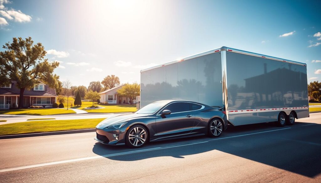 A sleek, modern auto transport truck glides down a sun-drenched highway, its chrome-trimmed trailer gleaming. In the foreground, a pristine luxury sedan rests securely, protected by the sturdy, well-designed carrier. The background showcases a picturesque small-town landscape, with neatly manicured lawns, charming homes, and a clear blue sky overhead. Soft, diffused lighting creates a warm, inviting atmosphere, conveying a sense of reliability and professionalism. The composition is balanced, with the auto transport truck and car at the center, surrounded by the peaceful suburban setting. This image perfectly captures the dependable, customer-focused car shipping services offered by the Friendswood-based company. A sleek, modern auto transport truck glides down a sun-drenched highway, its chrome-trimmed trailer gleaming. In the foreground, a pristine luxury sedan rests securely, protected by the sturdy, well-designed carrier. The background showcases a picturesque small-town landscape, with neatly manicured lawns, charming homes, and a clear blue sky overhead. Soft, diffused lighting creates a warm, inviting atmosphere, conveying a sense of reliability and professionalism. The composition is balanced, with the auto transport truck and car at the center, surrounded by the peaceful suburban setting. This image perfectly captures the dependable, customer-focused car shipping services offered by the Friendswood-based company.