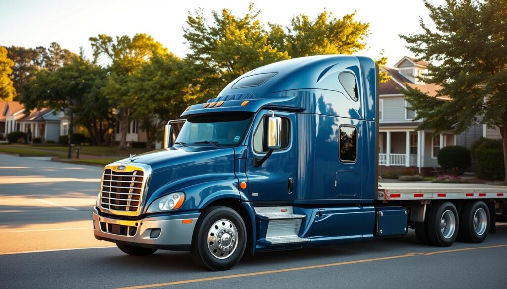 A sleek, modern auto transport truck idling on a quiet street in the charming town of Mount Pleasant. The vehicle's metallic blue exterior gleams in the warm afternoon sunlight, its polished chrome trim catching the light. In the background, a row of neatly kept houses and lush, verdant trees line the street, creating a picturesque small-town ambiance. The truck's hydraulic lift is raised, ready to securely load and unload valuable vehicles with care and precision. The scene conveys a sense of reliable, professional auto transport services seamlessly integrated into the peaceful Mount Pleasant community. A sleek, modern auto transport truck idling on a quiet street in the charming town of Mount Pleasant. The vehicle's metallic blue exterior gleams in the warm afternoon sunlight, its polished chrome trim catching the light. In the background, a row of neatly kept houses and lush, verdant trees line the street, creating a picturesque small-town ambiance. The truck's hydraulic lift is raised, ready to securely load and unload valuable vehicles with care and precision. The scene conveys a sense of reliable, professional auto transport services seamlessly integrated into the peaceful Mount Pleasant community.