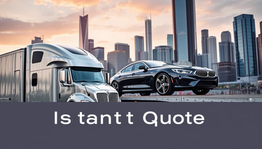 A sleek, modern auto transport truck in the foreground, its metallic exterior gleaming under crisp, directional lighting. In the middle ground, a shiny, well-detailed luxury sedan, ready for shipment. The background depicts the bustling cityscape of Houston, with towering skyscrapers and a vibrant, energetic atmosphere. The overall scene conveys a sense of efficiency, reliability, and the premium quality of the auto transport service, perfectly capturing the "instant quote" concept for this professional car shipping service in Houston. A sleek, modern auto transport truck in the foreground, its metallic exterior gleaming under crisp, directional lighting. In the middle ground, a shiny, well-detailed luxury sedan, ready for shipment. The background depicts the bustling cityscape of Houston, with towering skyscrapers and a vibrant, energetic atmosphere. The overall scene conveys a sense of efficiency, reliability, and the premium quality of the auto transport service, perfectly capturing the "instant quote" concept for this professional car shipping service in Houston.