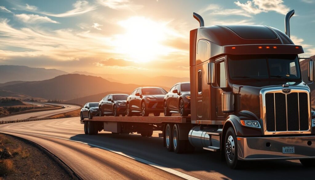 A sleek, modern auto transport truck navigates a winding interstate highway, its trailer loaded with a diverse array of vehicles. Sunlight streams through wispy clouds, casting a warm, golden glow over the scene. The truck's chrome trim and glossy paint reflect the landscape, creating a sense of motion and energy. In the foreground, the truck's powerful engine and sturdy suspension convey a sense of reliability and capability, while the middle ground features a mix of luxury sedans, rugged SUVs, and compact cars, each secured safely on the trailer. The background showcases rolling hills, distant mountains, and a vast, open sky, creating a serene and picturesque backdrop for this trusted interstate vehicle shipping service. A sleek, modern auto transport truck navigates a winding interstate highway, its trailer loaded with a diverse array of vehicles. Sunlight streams through wispy clouds, casting a warm, golden glow over the scene. The truck's chrome trim and glossy paint reflect the landscape, creating a sense of motion and energy. In the foreground, the truck's powerful engine and sturdy suspension convey a sense of reliability and capability, while the middle ground features a mix of luxury sedans, rugged SUVs, and compact cars, each secured safely on the trailer. The background showcases rolling hills, distant mountains, and a vast, open sky, creating a serene and picturesque backdrop for this trusted interstate vehicle shipping service.