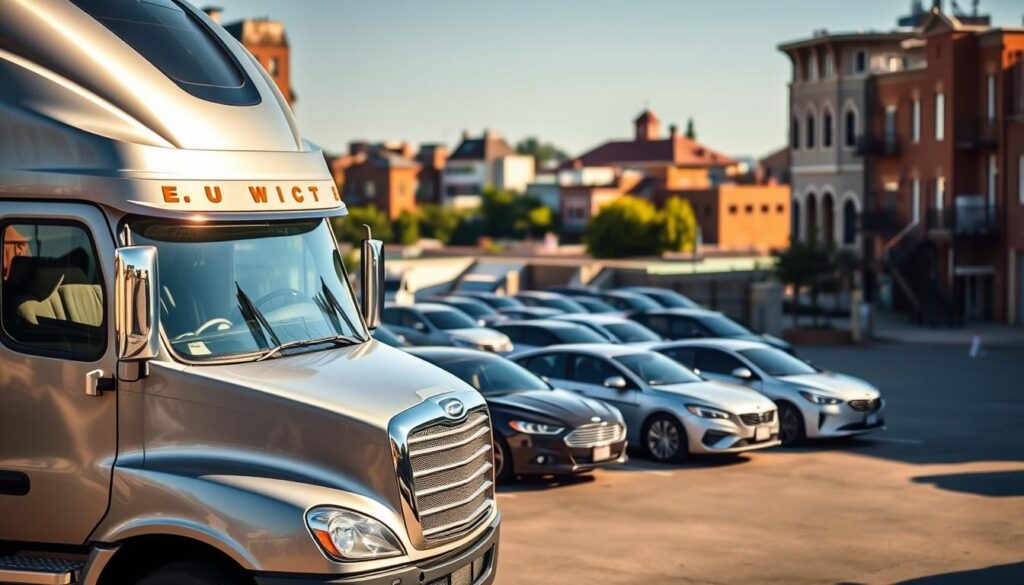 A sleek, modern auto transport truck prominently displayed in the foreground, its metallic exterior gleaming under the warm afternoon sun. In the middle ground, a row of neatly parked cars awaiting transport, each model distinct and well-cared for. The background features the distinct architecture of Harker Heights, with its mix of residential and commercial buildings, creating a vibrant and bustling urban scene. The overall composition conveys a sense of efficiency, reliability, and the trusted services of auto transport and car shipping in the local community. A sleek, modern auto transport truck prominently displayed in the foreground, its metallic exterior gleaming under the warm afternoon sun. In the middle ground, a row of neatly parked cars awaiting transport, each model distinct and well-cared for. The background features the distinct architecture of Harker Heights, with its mix of residential and commercial buildings, creating a vibrant and bustling urban scene. The overall composition conveys a sense of efficiency, reliability, and the trusted services of auto transport and car shipping in the local community.