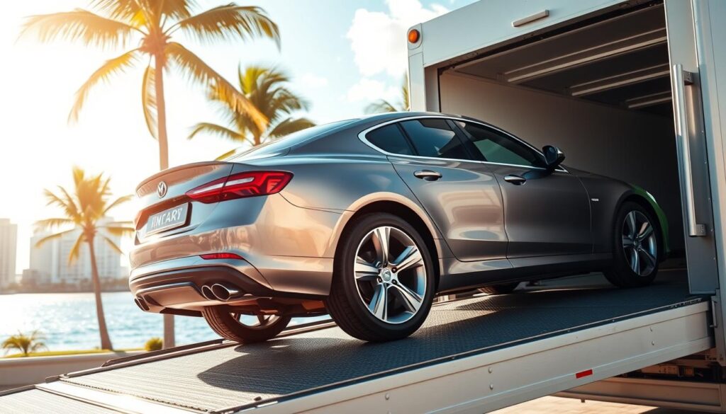 A sleek, modern car being loaded onto a spacious, well-equipped car carrier in a sunny, coastal setting. The car's gleaming metallic finish reflects the warm rays of the sun, casting soft shadows on the carrier's sturdy platform. In the background, palm trees sway gently, and the vibrant blue of the Miami Beach skyline can be seen in the distance, hinting at the car's ultimate destination. The scene conveys a sense of efficiency, reliability, and attention to detail, perfectly capturing the essence of a professional car shipping service.