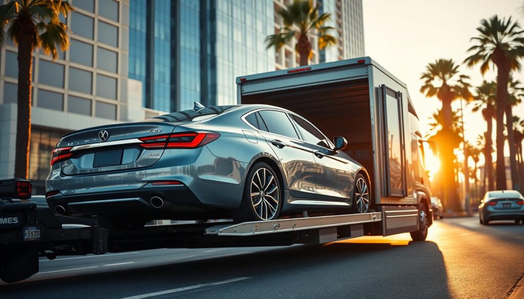 A sleek, modern car being loaded onto a specialized car transport truck, parked on a city street with tall buildings and palm trees in the background. The truck's cabin is neatly lined up with the car's rear, the driver carefully guiding the car onto the hydraulic lift. The scene is bathed in warm, golden afternoon sunlight, creating long shadows and highlighting the car's glossy finish. The atmosphere is one of efficiency and professionalism, capturing the essence of reliable door-to-door car shipping service. A sleek, modern car being loaded onto a specialized car transport truck, parked on a city street with tall buildings and palm trees in the background. The truck's cabin is neatly lined up with the car's rear, the driver carefully guiding the car onto the hydraulic lift. The scene is bathed in warm, golden afternoon sunlight, creating long shadows and highlighting the car's glossy finish. The atmosphere is one of efficiency and professionalism, capturing the essence of reliable door-to-door car shipping service.
