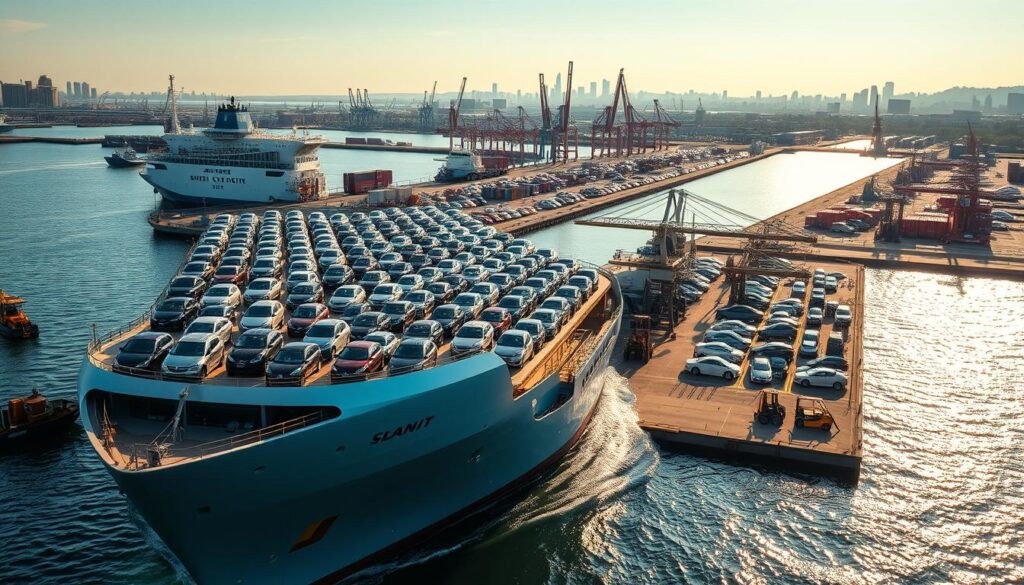A sleek, modern car carrier ship dominates the foreground, its expansive deck laden with a diverse array of new vehicles awaiting their journey to eager buyers. The sun casts a warm, golden glow across the scene, illuminating the ship's pristine exterior and the shimmering waters of the harbor. In the middle ground, a bustling port bustles with activity, cranes and forklifts meticulously loading and unloading cargo. The background showcases the skyline of Sweetwater, a vibrant city skyline reflecting the region's thriving automotive industry. The overall composition conveys a sense of efficiency, reliability, and the seamless transportation of vehicles to their final destinations. A sleek, modern car carrier ship dominates the foreground, its expansive deck laden with a diverse array of new vehicles awaiting their journey to eager buyers. The sun casts a warm, golden glow across the scene, illuminating the ship's pristine exterior and the shimmering waters of the harbor. In the middle ground, a bustling port bustles with activity, cranes and forklifts meticulously loading and unloading cargo. The background showcases the skyline of Sweetwater, a vibrant city skyline reflecting the region's thriving automotive industry. The overall composition conveys a sense of efficiency, reliability, and the seamless transportation of vehicles to their final destinations.