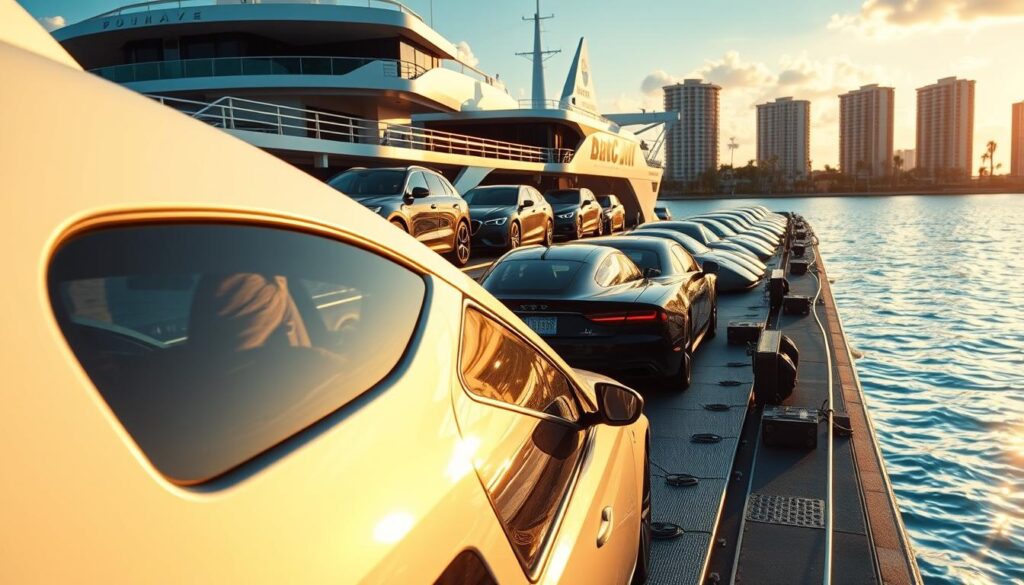 A sleek, modern car carrier ship gently transporting a fleet of pristine vehicles along the sun-dappled waterfront of Fort Lauderdale. The ship's hull gleams in the warm, golden light, casting soft reflections on the calm, azure waters. In the foreground, a row of gleaming, freshly washed cars awaits their destination, their lustrous paint and chrome accents catching the eye. The middle ground features the ship's sturdy, well-engineered design, with its multiple decks and secure tie-down systems ensuring the safe transport of its precious cargo. The background showcases the vibrant, tropical cityscape of Fort Lauderdale, with its palm-fringed boulevards and glistening high-rises. The overall scene conveys a sense of reliability, professionalism, and the meticulous attention to detail that a trusted Fort Lauderdale auto transport company would provide. A sleek, modern car carrier ship gently transporting a fleet of pristine vehicles along the sun-dappled waterfront of Fort Lauderdale. The ship's hull gleams in the warm, golden light, casting soft reflections on the calm, azure waters. In the foreground, a row of gleaming, freshly washed cars awaits their destination, their lustrous paint and chrome accents catching the eye. The middle ground features the ship's sturdy, well-engineered design, with its multiple decks and secure tie-down systems ensuring the safe transport of its precious cargo. The background showcases the vibrant, tropical cityscape of Fort Lauderdale, with its palm-fringed boulevards and glistening high-rises. The overall scene conveys a sense of reliability, professionalism, and the meticulous attention to detail that a trusted Fort Lauderdale auto transport company would provide.