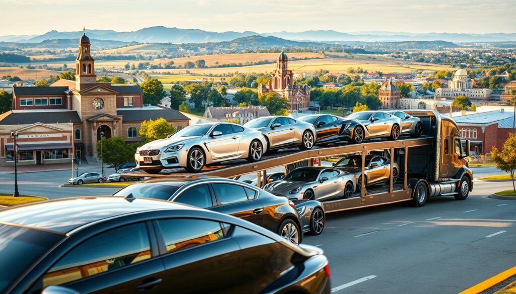 A sleek, modern car carrier transporting a fleet of gleaming automobiles through the bustling streets of Corsicana. The massive vehicle, with its sturdy frame and powerful engine, navigates the winding roads with ease, its chrome accents catching the warm afternoon sunlight. In the foreground, the cars being transported - a mix of sedans, SUVs, and sports cars - shine with a freshly polished finish, each one a testament to the care and attention provided by the auto transport service. The middle ground features the iconic landmarks of Corsicana, such as the historic courthouse and charming downtown shops, while the background is a panoramic view of the rolling hills and lush greenery that characterize the region. The overall scene conveys a sense of efficiency, professionalism, and the reliable service offered by "Best Car Shipping" in Corsicana. A sleek, modern car carrier transporting a fleet of gleaming automobiles through the bustling streets of Corsicana. The massive vehicle, with its sturdy frame and powerful engine, navigates the winding roads with ease, its chrome accents catching the warm afternoon sunlight. In the foreground, the cars being transported - a mix of sedans, SUVs, and sports cars - shine with a freshly polished finish, each one a testament to the care and attention provided by the auto transport service. The middle ground features the iconic landmarks of Corsicana, such as the historic courthouse and charming downtown shops, while the background is a panoramic view of the rolling hills and lush greenery that characterize the region. The overall scene conveys a sense of efficiency, professionalism, and the reliable service offered by "Best Car Shipping" in Corsicana.