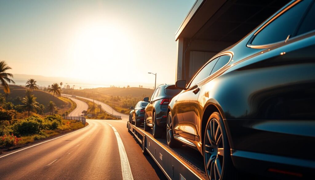 A sleek, modern car carrier transporting a fleet of shiny new vehicles down a winding highway through the lush, subtropical landscape of Homestead, Florida. The mid-afternoon sun casts a warm, golden glow over the scene, illuminating the smooth curves and gleaming chrome of the cars. In the foreground, the car carrier's trailer is visible, its hydraulic ramps extended to allow easy loading and unloading. In the middle ground, the highway winds through rolling hills dotted with palm trees and vibrant green foliage. The background features a hazy, distant horizon, with the clear blue sky overhead. The overall mood is one of efficiency, professionalism, and the promise of safe, reliable auto transport.