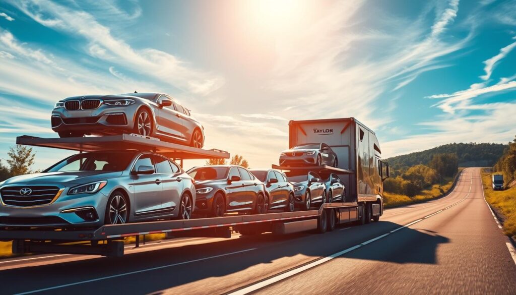 A sleek, modern car carrier transports a fleet of gleaming vehicles down a sun-dappled highway. In the foreground, a row of sedans and SUVs are securely loaded onto the multi-level trailer, their chrome accents and glossy paint reflecting the warm light. The middle ground features the car carrier's cab, its crisp lines and bold logo conveying a sense of professionalism and reliability. In the distance, the road stretches out, framed by lush greenery and a vibrant blue sky with wispy clouds. The scene exudes a mood of efficiency, care, and attention to detail - qualities that embody the trusted auto transport services catered to Taylor drivers. A sleek, modern car carrier transports a fleet of gleaming vehicles down a sun-dappled highway. In the foreground, a row of sedans and SUVs are securely loaded onto the multi-level trailer, their chrome accents and glossy paint reflecting the warm light. The middle ground features the car carrier's cab, its crisp lines and bold logo conveying a sense of professionalism and reliability. In the distance, the road stretches out, framed by lush greenery and a vibrant blue sky with wispy clouds. The scene exudes a mood of efficiency, care, and attention to detail - qualities that embody the trusted auto transport services catered to Taylor drivers.