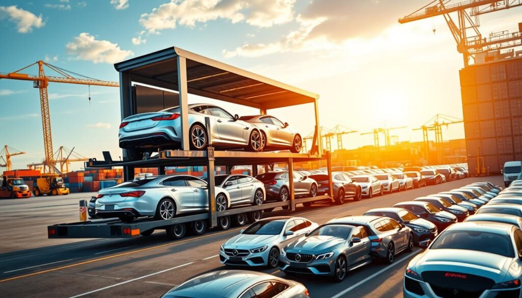 A sleek, modern car carrier transports a fleet of shiny, freshly-washed automobiles against a backdrop of a bustling logistics hub. The foreground features the towering trailer, its robust chassis and hydraulic ramps in crisp detail, conveying the reliable engineering behind the vehicle shipping process. In the middle ground, rows of various car models are neatly arranged, their gleaming exteriors reflecting the careful handling during transport. The background showcases the organized chaos of the shipping yard, with cranes, forklifts, and other cargo containers creating a sense of efficient, large-scale operations. Warm, golden lighting casts a professional, trustworthy atmosphere over the entire scene. A sleek, modern car carrier transports a fleet of shiny, freshly-washed automobiles against a backdrop of a bustling logistics hub. The foreground features the towering trailer, its robust chassis and hydraulic ramps in crisp detail, conveying the reliable engineering behind the vehicle shipping process. In the middle ground, rows of various car models are neatly arranged, their gleaming exteriors reflecting the careful handling during transport. The background showcases the organized chaos of the shipping yard, with cranes, forklifts, and other cargo containers creating a sense of efficient, large-scale operations. Warm, golden lighting casts a professional, trustworthy atmosphere over the entire scene.