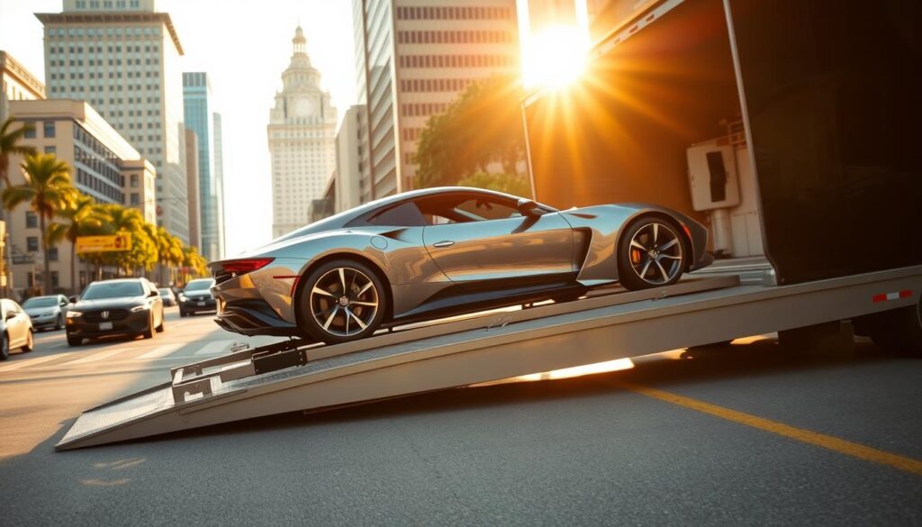 A sleek, modern car carrier transports luxury automobiles along the bustling streets of Pasadena, CA. The vehicle is captured in a dramatic, wide-angle shot, emphasizing its imposing presence against the backdrop of the city's iconic architecture. Warm, golden sunlight bathes the scene, casting long shadows and highlighting the car's gleaming metallic finish. The carrier's hydraulic ramps are extended, revealing the precision and care taken in loading the precious cargo. The overall atmosphere conveys a sense of professionalism, reliability, and attention to detail - qualities that embody the trusted car shipping services tailored for Pasadena. A sleek, modern car carrier transports luxury automobiles along the bustling streets of Pasadena, CA. The vehicle is captured in a dramatic, wide-angle shot, emphasizing its imposing presence against the backdrop of the city's iconic architecture. Warm, golden sunlight bathes the scene, casting long shadows and highlighting the car's gleaming metallic finish. The carrier's hydraulic ramps are extended, revealing the precision and care taken in loading the precious cargo. The overall atmosphere conveys a sense of professionalism, reliability, and attention to detail - qualities that embody the trusted car shipping services tailored for Pasadena.