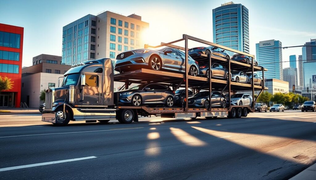 A sleek, modern car carrier truck navigates the bustling streets of Beaumont, transporting a fleet of gleaming new vehicles. The truck's towering frame casts long shadows across the sun-dappled asphalt, its chrome-accented exterior reflecting the vibrant colors of the surrounding buildings. In the foreground, the intricate loading mechanism lifts and secures each car with precision, while in the background, the city's skyline rises up, a testament to the dynamic automotive industry thriving in this coastal Texas town. A sleek, modern car carrier truck navigates the bustling streets of Beaumont, transporting a fleet of gleaming new vehicles. The truck's towering frame casts long shadows across the sun-dappled asphalt, its chrome-accented exterior reflecting the vibrant colors of the surrounding buildings. In the foreground, the intricate loading mechanism lifts and secures each car with precision, while in the background, the city's skyline rises up, a testament to the dynamic automotive industry thriving in this coastal Texas town.