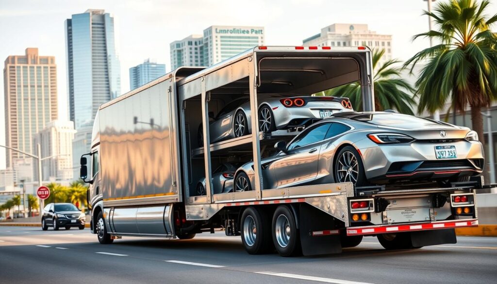 A sleek, modern car carrier truck navigates the bustling streets of Melbourne, FL, its gleaming silver exterior reflecting the warm, sunny atmosphere. In the foreground, meticulously packed cars are neatly arranged, their glossy finishes catching the soft, diffused light. The middle ground features the truck's spacious trailer, its secure loading mechanisms and robust construction conveying a sense of reliability and attention to detail. In the background, the vibrant city skyline provides a dynamic backdrop, hinting at the efficient, seamless transportation services offered by this trusted auto transport provider. A sleek, modern car carrier truck navigates the bustling streets of Melbourne, FL, its gleaming silver exterior reflecting the warm, sunny atmosphere. In the foreground, meticulously packed cars are neatly arranged, their glossy finishes catching the soft, diffused light. The middle ground features the truck's spacious trailer, its secure loading mechanisms and robust construction conveying a sense of reliability and attention to detail. In the background, the vibrant city skyline provides a dynamic backdrop, hinting at the efficient, seamless transportation services offered by this trusted auto transport provider.