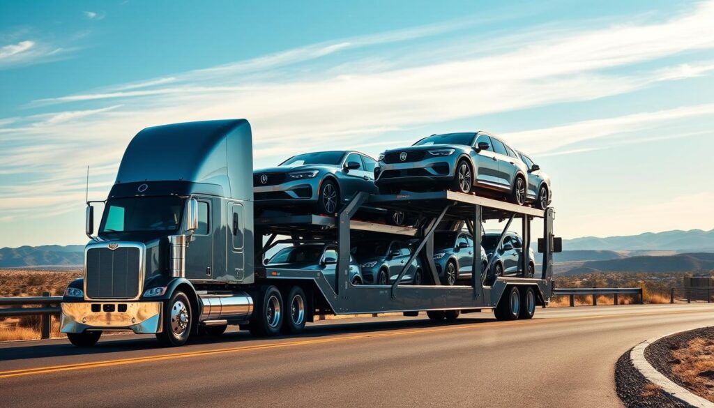 A sleek, modern car carrier truck transporting a fleet of gleaming new vehicles down a winding highway. The truck's chrome exterior glistens in the warm afternoon sunlight, casting reflections on the smooth asphalt. In the foreground, the car carrier's hydraulic ramps are extended, ready to load or unload the cars with precision. The middle ground features the neatly stacked vehicles, each showcasing the latest automotive designs and colors. In the distance, a picturesque Southwestern landscape unfolds, with rolling hills and a cloudless azure sky. The scene conveys a sense of efficiency, reliability, and the care taken in delivering vehicles safely to their destination. A sleek, modern car carrier truck transporting a fleet of gleaming new vehicles down a winding highway. The truck's chrome exterior glistens in the warm afternoon sunlight, casting reflections on the smooth asphalt. In the foreground, the car carrier's hydraulic ramps are extended, ready to load or unload the cars with precision. The middle ground features the neatly stacked vehicles, each showcasing the latest automotive designs and colors. In the distance, a picturesque Southwestern landscape unfolds, with rolling hills and a cloudless azure sky. The scene conveys a sense of efficiency, reliability, and the care taken in delivering vehicles safely to their destination.