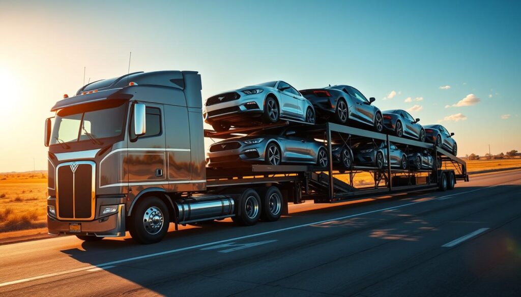 A sleek, modern car carrier truck transporting a fleet of gleaming vehicles on the open road in Raymondville, Texas. The sun casts a warm, golden glow over the scene, with the truck's chrome details shimmering. In the background, the flat, expansive landscape of the Texas countryside stretches out, dotted with sparse trees and a cloudless blue sky. The composition captures the efficiency and reliability of the vehicle shipping service, conveying a sense of effortless transportation and the care taken in delivering automobiles to their destination. A sleek, modern car carrier truck transporting a fleet of gleaming vehicles on the open road in Raymondville, Texas. The sun casts a warm, golden glow over the scene, with the truck's chrome details shimmering. In the background, the flat, expansive landscape of the Texas countryside stretches out, dotted with sparse trees and a cloudless blue sky. The composition captures the efficiency and reliability of the vehicle shipping service, conveying a sense of effortless transportation and the care taken in delivering automobiles to their destination.