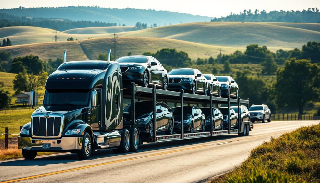 A sleek, modern car carrier truck transporting a fleet of shiny, freshly-washed vehicles on a sun-dappled country road in Clute, Texas. The truck's chrome grille and side mirrors glisten under the warm, golden light. In the background, rolling hills and lush green trees create a picturesque, serene landscape. The carrier's large trailer securely holds multiple automobiles of various makes and models, ready to be delivered to their destinations with the utmost care and attention. This reliable auto transport service embodies the trust and professionalism of a trusted company serving the Clute community. A sleek, modern car carrier truck transporting a fleet of shiny, freshly-washed vehicles on a sun-dappled country road in Clute, Texas. The truck's chrome grille and side mirrors glisten under the warm, golden light. In the background, rolling hills and lush green trees create a picturesque, serene landscape. The carrier's large trailer securely holds multiple automobiles of various makes and models, ready to be delivered to their destinations with the utmost care and attention. This reliable auto transport service embodies the trust and professionalism of a trusted company serving the Clute community.