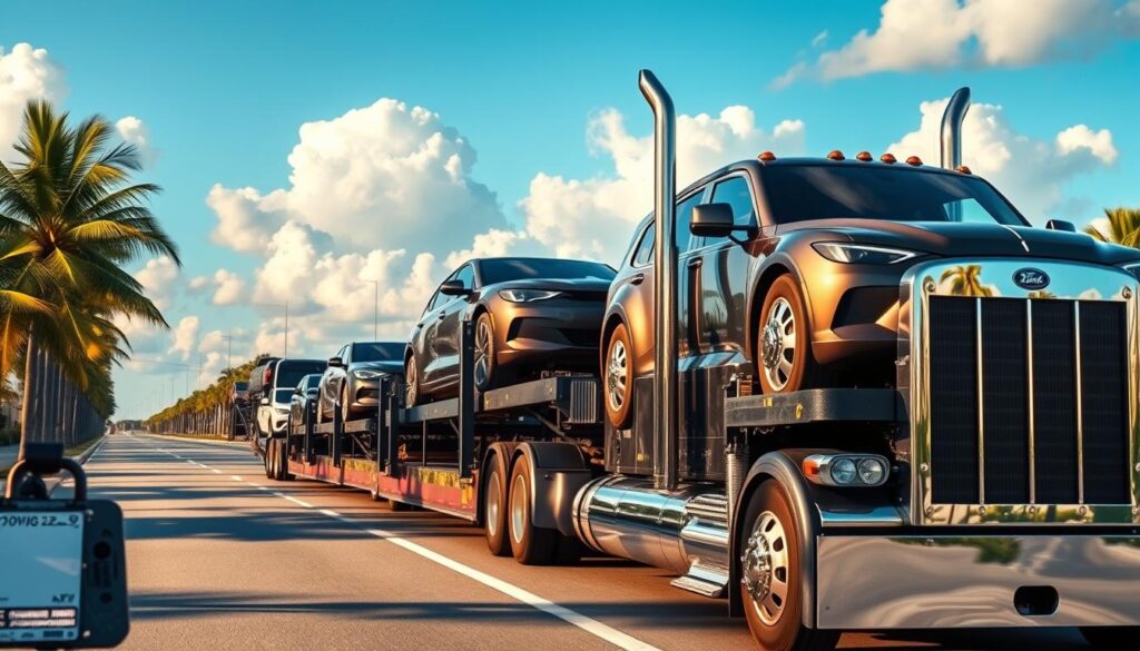 A sleek, modern car carrier truck transporting a fleet of shiny new vehicles along the sun-dappled streets of Bradenton, Florida. The truck's chrome grille and powerful engine reflect the warm coastal light, conveying a sense of efficiency and reliability. In the background, palm trees sway gently, and the azure sky is dotted with fluffy white clouds, creating a picturesque, serene setting. The image captures the essence of Bradenton's thriving auto transport and car shipping industry, showcasing the safe and professional delivery of vehicles to their new owners.