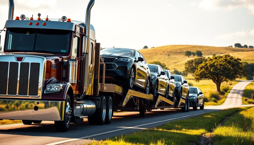 A sleek, modern car carrier truck transporting a fleet of shiny, recently washed vehicles on a sun-dappled country road. The truck's chrome grille and fenders gleam in the warm afternoon light, while the cars behind it are neatly arranged, their glossy paint reflecting the lush, verdant scenery of the Texas countryside. In the background, gently rolling hills dotted with oak trees provide a pastoral backdrop, conveying a sense of reliability, care, and attention to detail that Cedar Park drivers can expect from the trusted auto transport services depicted. A sleek, modern car carrier truck transporting a fleet of shiny, recently washed vehicles on a sun-dappled country road. The truck's chrome grille and fenders gleam in the warm afternoon light, while the cars behind it are neatly arranged, their glossy paint reflecting the lush, verdant scenery of the Texas countryside. In the background, gently rolling hills dotted with oak trees provide a pastoral backdrop, conveying a sense of reliability, care, and attention to detail that Cedar Park drivers can expect from the trusted auto transport services depicted.