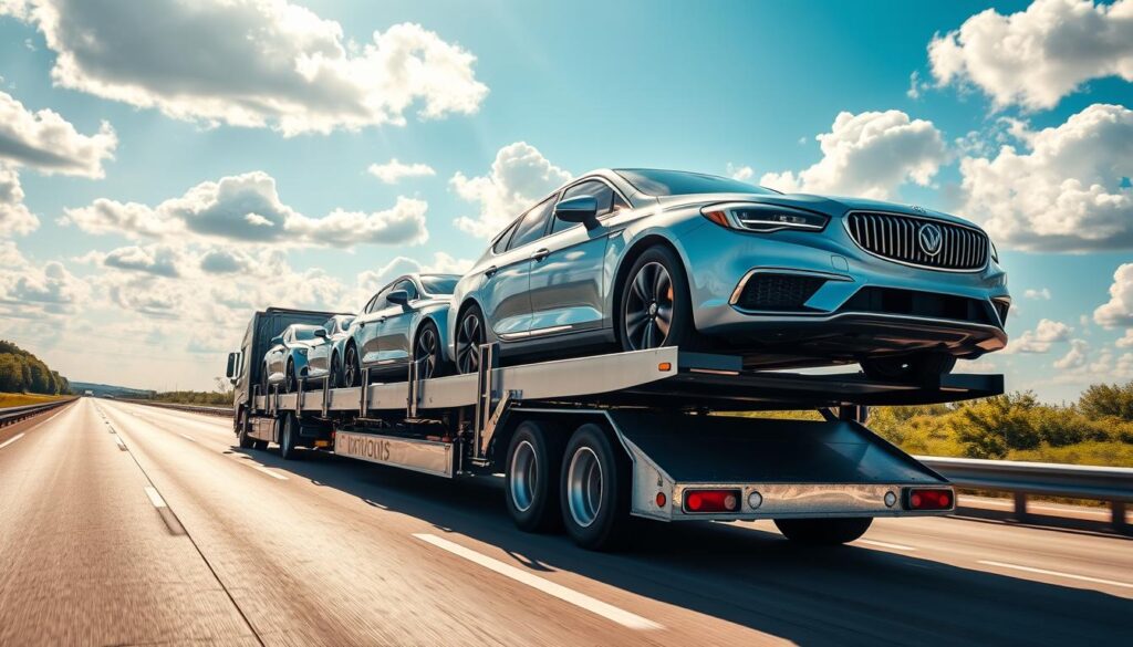 A sleek, modern car carrier truck transporting a row of pristine, freshly washed vehicles on a sun-dappled highway. The truck's chrome trim and gleaming exterior reflect the bright blue sky dotted with fluffy white clouds. In the foreground, the car carrier's hydraulic ramps are lowered, revealing the meticulously secured automobiles within. The scene conveys a sense of efficiency, reliability, and the care taken to ensure the safe delivery of precious cargo. A wide-angle lens captures the dynamic, cinematic perspective, emphasizing the scale and professionalism of the car shipping service. A sleek, modern car carrier truck transporting a row of pristine, freshly washed vehicles on a sun-dappled highway. The truck's chrome trim and gleaming exterior reflect the bright blue sky dotted with fluffy white clouds. In the foreground, the car carrier's hydraulic ramps are lowered, revealing the meticulously secured automobiles within. The scene conveys a sense of efficiency, reliability, and the care taken to ensure the safe delivery of precious cargo. A wide-angle lens captures the dynamic, cinematic perspective, emphasizing the scale and professionalism of the car shipping service.