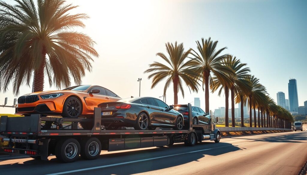 A sleek, modern car carrier truck transporting several luxury vehicles along a sun-drenched highway in Jacinto City. The truck's cargo bay is filled with high-end sedans and SUVs, their gleaming exteriors reflecting the warm, golden light. In the background, a row of towering palm trees sway gently in the breeze, while in the distance, the city skyline rises, its skyscrapers and office buildings creating a striking urban backdrop. The scene conveys a sense of efficiency, professionalism, and the seamless transportation of valuable automotive assets, perfectly capturing the essence of the "Auto Transport and Car Shipping in Jacinto City" section.
