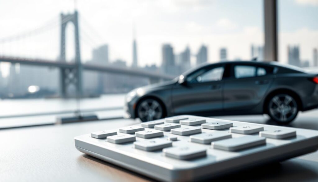 A sleek, modern car shipping calculator interface against a softly blurred urban backdrop. The calculator dominates the foreground, its clean, minimalist design elements rendered in muted grays and blues. Subtle highlights and reflections give the calculator a tactile, high-tech feel. In the middle ground, a partially visible city skyline creates a sense of place, with skyscrapers and bridges hinting at the scale of the vehicle shipping operation. The lighting is natural and diffused, casting a calm, professional atmosphere. The overall composition conveys an efficient, hassle-free car shipping experience without the need for personal information.