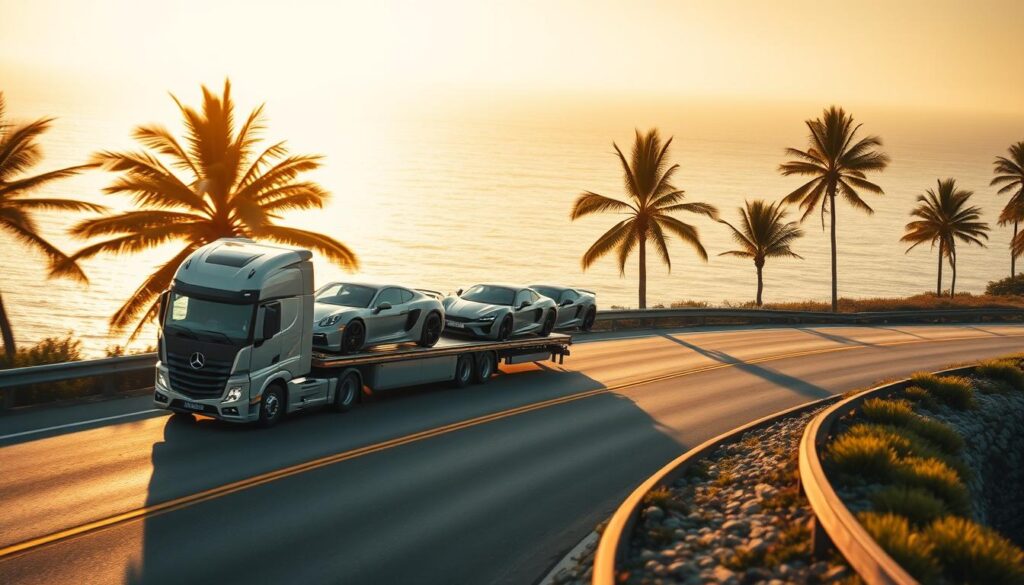 A sleek, modern car transport truck navigates a winding coastal highway, its trailer securely holding a row of gleaming luxury vehicles. The scene is bathed in warm, golden hour sunlight, casting long shadows and a serene, cinematic atmosphere. In the background, lush palm trees sway gently, framing the view of the sparkling ocean. The image conveys a sense of efficiency, reliability, and high-end service, perfectly suited to illustrate the section on "Our transport services built for your vehicle and your timeline". A sleek, modern car transport truck navigates a winding coastal highway, its trailer securely holding a row of gleaming luxury vehicles. The scene is bathed in warm, golden hour sunlight, casting long shadows and a serene, cinematic atmosphere. In the background, lush palm trees sway gently, framing the view of the sparkling ocean. The image conveys a sense of efficiency, reliability, and high-end service, perfectly suited to illustrate the section on "Our transport services built for your vehicle and your timeline".