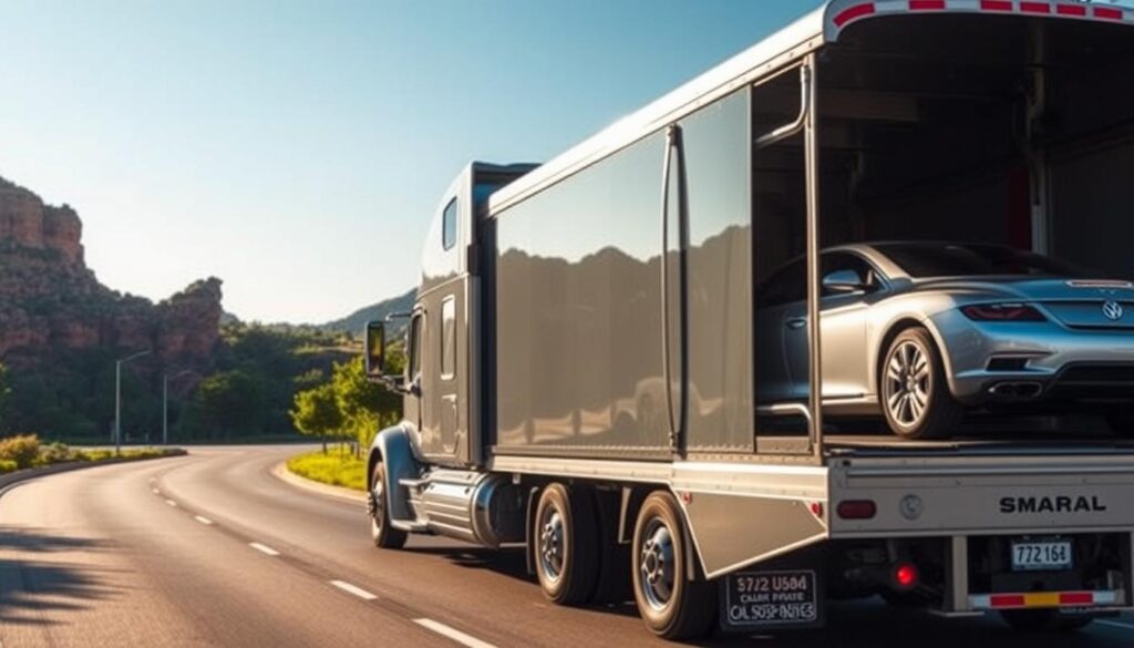 A sleek, modern car transport truck navigates the winding streets of Round Rock, its sturdy frame and well-equipped cargo hold ready to safely deliver vehicles to their destination. The truck's polished exterior reflects the vibrant hues of the surrounding landscape, with lush greenery and the iconic Round Rock formations providing a picturesque backdrop. Warm, directional lighting casts subtle shadows, emphasizing the vehicle's contours and the professionalism of the car shipping service. The scene conveys a sense of efficiency, reliability, and attention to detail, perfectly capturing the essence of the "Why Choose Our Round Rock Car Shipping Service" section. A sleek, modern car transport truck navigates the winding streets of Round Rock, its sturdy frame and well-equipped cargo hold ready to safely deliver vehicles to their destination. The truck's polished exterior reflects the vibrant hues of the surrounding landscape, with lush greenery and the iconic Round Rock formations providing a picturesque backdrop. Warm, directional lighting casts subtle shadows, emphasizing the vehicle's contours and the professionalism of the car shipping service. The scene conveys a sense of efficiency, reliability, and attention to detail, perfectly capturing the essence of the "Why Choose Our Round Rock Car Shipping Service" section.