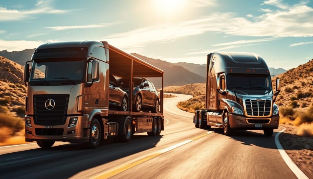 A sleek, modern car transport truck navigating the winding roads of Del Rio, Texas, against a backdrop of rugged terrain and a vibrant blue sky. The truck's metallic exterior gleams under the warm, golden sunlight, with its cargo bay securely holding several vehicles. In the foreground, the truck's driver is visible, a calm and experienced expression on their face as they expertly maneuver the vehicle. The middle ground features the lush, rolling hills and desert landscapes that are characteristic of the Del Rio region, conveying a sense of reliability and trustworthiness. The overall scene exudes a professional, reliable, and efficient atmosphere, perfectly capturing the essence of the "Reliable Auto Transport and Car Shipping in Del Rio" service. A sleek, modern car transport truck navigating the winding roads of Del Rio, Texas, against a backdrop of rugged terrain and a vibrant blue sky. The truck's metallic exterior gleams under the warm, golden sunlight, with its cargo bay securely holding several vehicles. In the foreground, the truck's driver is visible, a calm and experienced expression on their face as they expertly maneuver the vehicle. The middle ground features the lush, rolling hills and desert landscapes that are characteristic of the Del Rio region, conveying a sense of reliability and trustworthiness. The overall scene exudes a professional, reliable, and efficient atmosphere, perfectly capturing the essence of the "Reliable Auto Transport and Car Shipping in Del Rio" service.