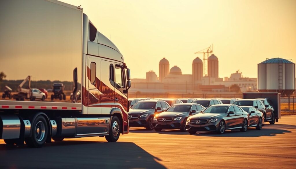 A sleek, modern car transport truck stands prominently in the foreground, its gleaming chrome and bold design reflecting the Amarillo sun. In the middle ground, a row of well-maintained, gleaming vehicles waits to be loaded, each one ready for its journey to its final destination. The background features the iconic skyline of Amarillo, with its distinctive architecture and towering grain silos, creating a sense of place and connection to the local community. The scene is bathed in warm, golden light, conveying a sense of reliability, efficiency, and the trusted services offered by this Amarillo car shipping provider. A sleek, modern car transport truck stands prominently in the foreground, its gleaming chrome and bold design reflecting the Amarillo sun. In the middle ground, a row of well-maintained, gleaming vehicles waits to be loaded, each one ready for its journey to its final destination. The background features the iconic skyline of Amarillo, with its distinctive architecture and towering grain silos, creating a sense of place and connection to the local community. The scene is bathed in warm, golden light, conveying a sense of reliability, efficiency, and the trusted services offered by this Amarillo car shipping provider.