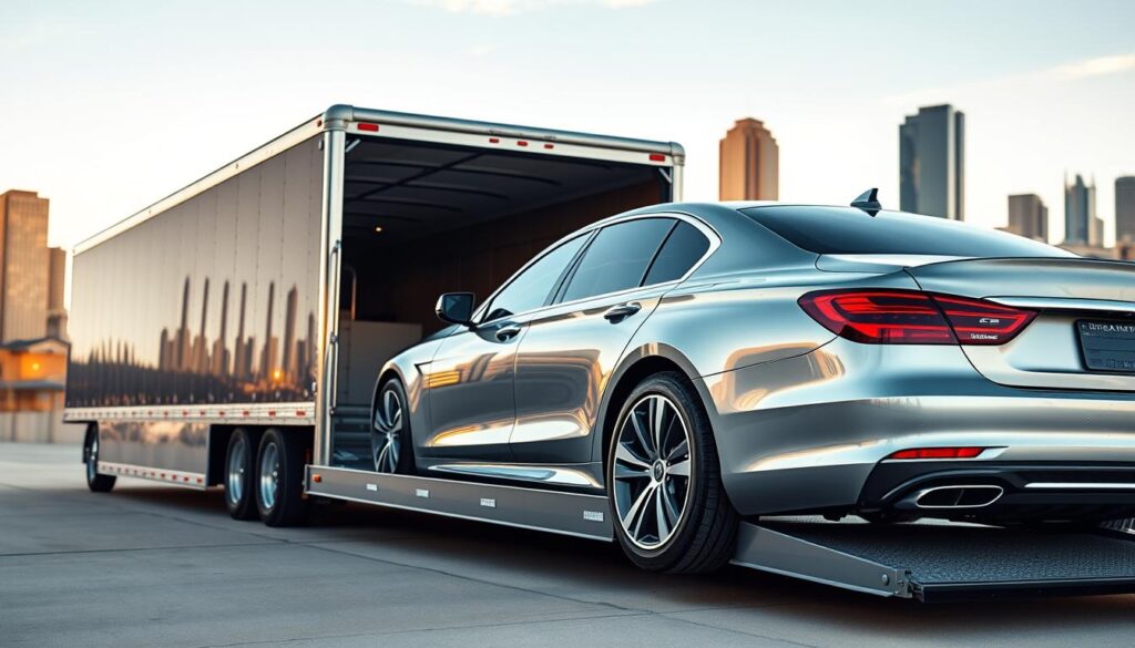 A sleek, modern car transport truck waits against the backdrop of the Fort Worth skyline, its chrome-trimmed trailer gleaming in the warm afternoon light. In the foreground, a pristine luxury sedan is carefully loaded onto the trailer, its shiny paintwork reflecting the city's iconic architecture. The scene conveys a sense of efficiency, professionalism, and attention to detail, capturing the essence of a reliable, tailored auto transport service operating in the heart of Fort Worth. The lighting is soft and natural, with subtle shadows that accentuate the vehicle's curves. The composition is balanced, drawing the viewer's eye towards the central car-loading process, while the distant cityscape provides a fitting, contextual frame. A sleek, modern car transport truck waits against the backdrop of the Fort Worth skyline, its chrome-trimmed trailer gleaming in the warm afternoon light. In the foreground, a pristine luxury sedan is carefully loaded onto the trailer, its shiny paintwork reflecting the city's iconic architecture. The scene conveys a sense of efficiency, professionalism, and attention to detail, capturing the essence of a reliable, tailored auto transport service operating in the heart of Fort Worth. The lighting is soft and natural, with subtle shadows that accentuate the vehicle's curves. The composition is balanced, drawing the viewer's eye towards the central car-loading process, while the distant cityscape provides a fitting, contextual frame.